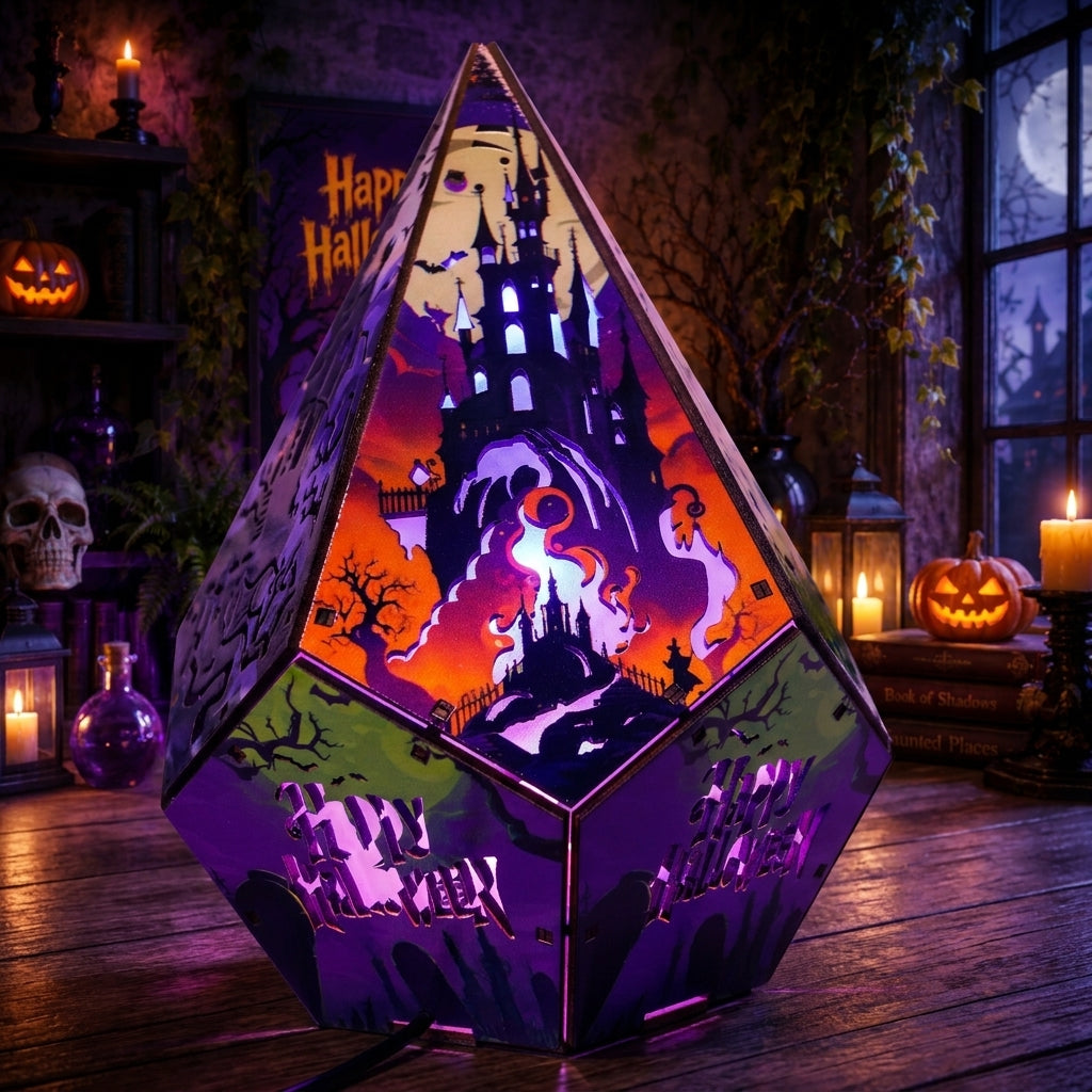 A geometric, pyramid-shaped Halloween light with a multicolor haunted castle and spider graphic, glowing with purple, orange, and green LED lights in a dark, spooky room setting.