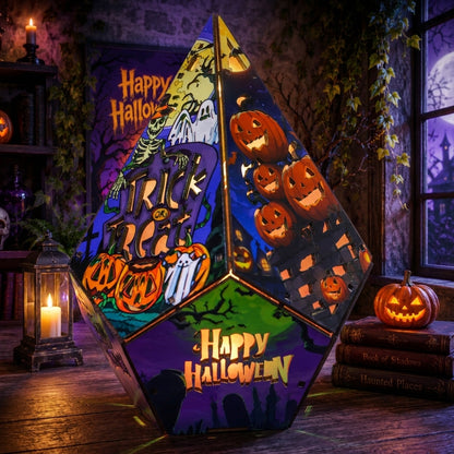 A decorative illuminated geometric box or lamp featuring Halloween artwork, including carved pumpkins, a ghost, a haunted house, and the words 'Happy Halloween' in multiple panels, displayed in a spooky room setting with candles and a window.