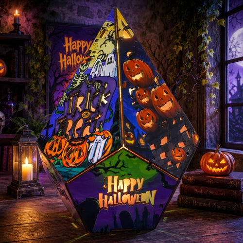 A decorative illuminated geometric box or lamp featuring Halloween artwork, including carved pumpkins, a ghost, a haunted house, and the words 'Happy Halloween' in multiple panels, displayed in a spooky room setting with candles and a window.