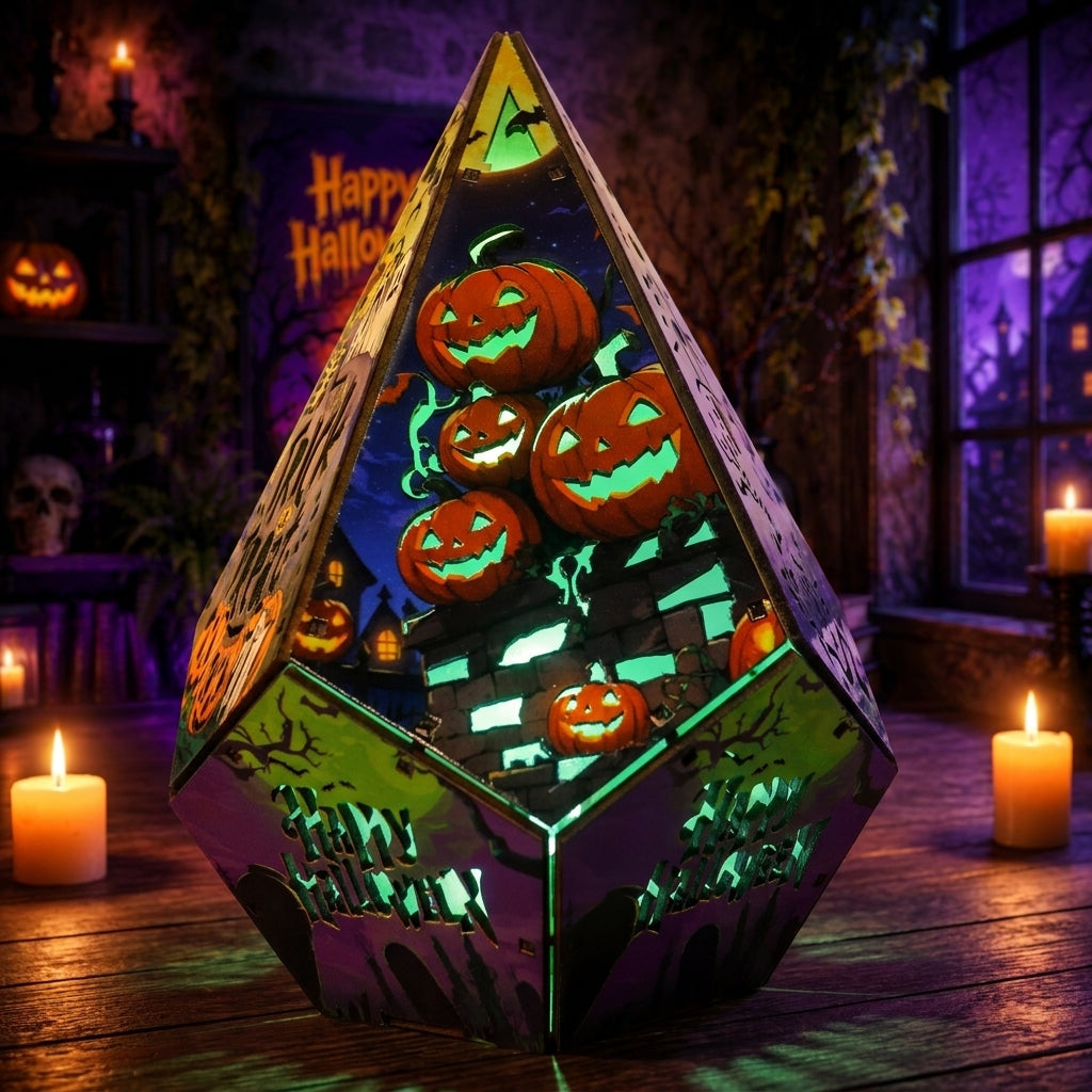 A decorative geometric Halloween lantern with glowing green and orange jack-o'-lantern designs, displayed on a wooden table in a spooky room with candles and a Halloween sign in the background.