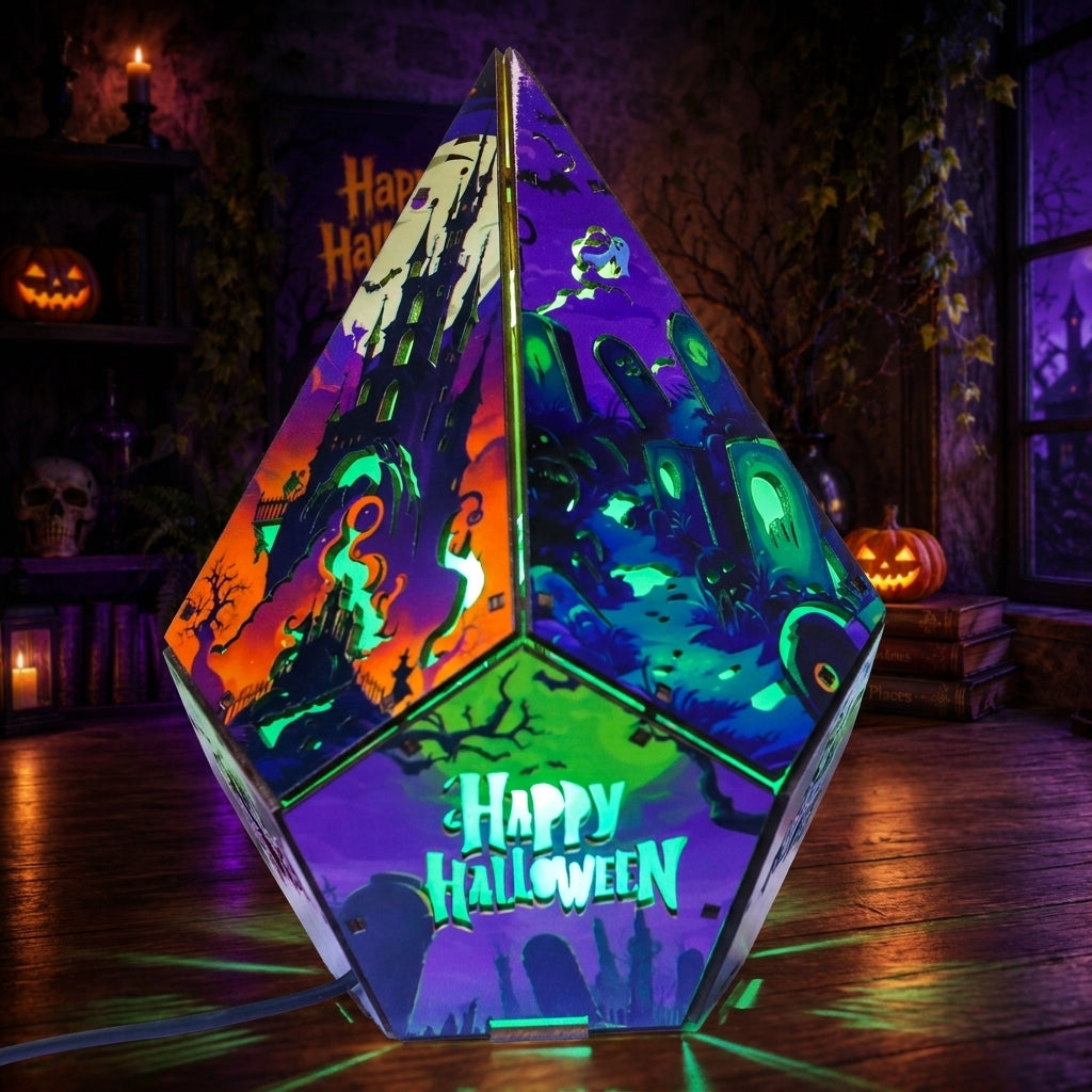 A large, geometric pyramid-shaped LED light with a Halloween theme, featuring colorful panels with haunted houses, ghosts, and spooky illustrations, and the words 'Happy Halloween' illuminated on the front. It is displayed on a wooden floor in a dimly lit, atmospheric Halloween room setting.