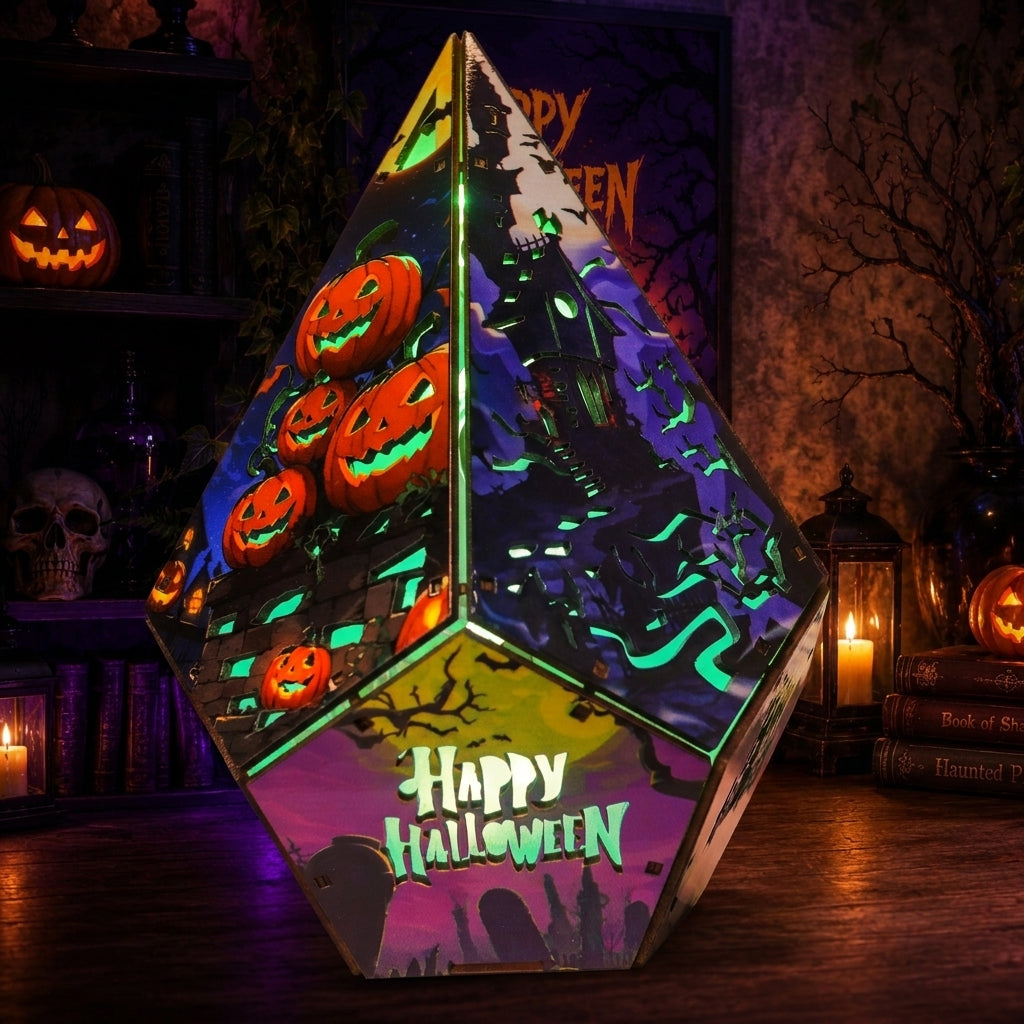 A 3D geometric pyramid-shaped Halloween decoration with 'Happy Halloween' text, featuring multicolor laser-cut scenes of pumpkins, a witch, and a haunted house, displayed in a spooky themed room.