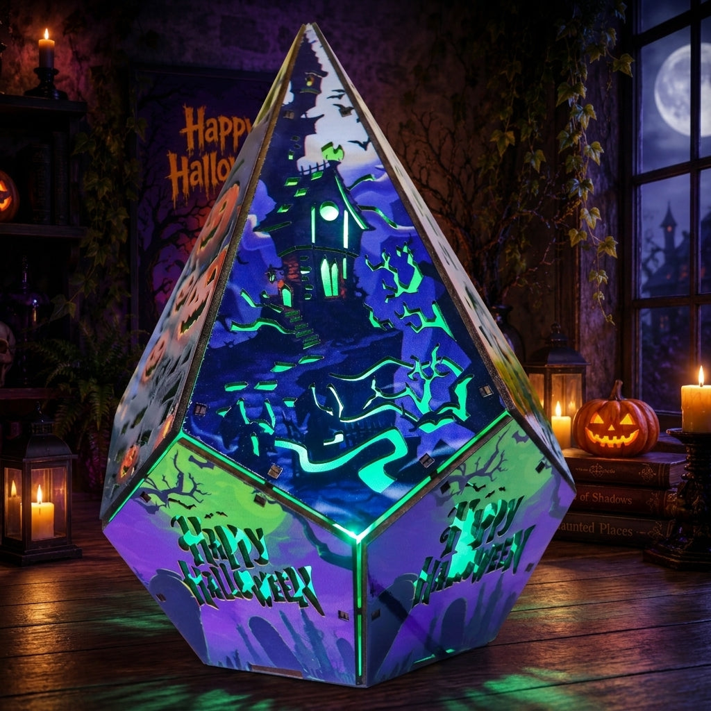 A large, faceted crystal ball-shaped Halloween decoration illuminated with colorful LED lights, featuring a spooky haunted house scene on the top panel and 'Happy Halloween' text on the sides, set in a decorated dark room with candles and jack-o'-lanterns.