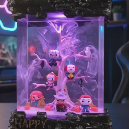 Horror character resin night light displaying pumpkins, cobwebs and ghostly Halloween decorations