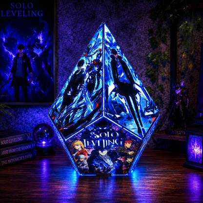 A faceted crystal-like LED light display featuring anime artwork from Solo Leveling, glowing with blue and purple light on a wooden table in a styled room setting.