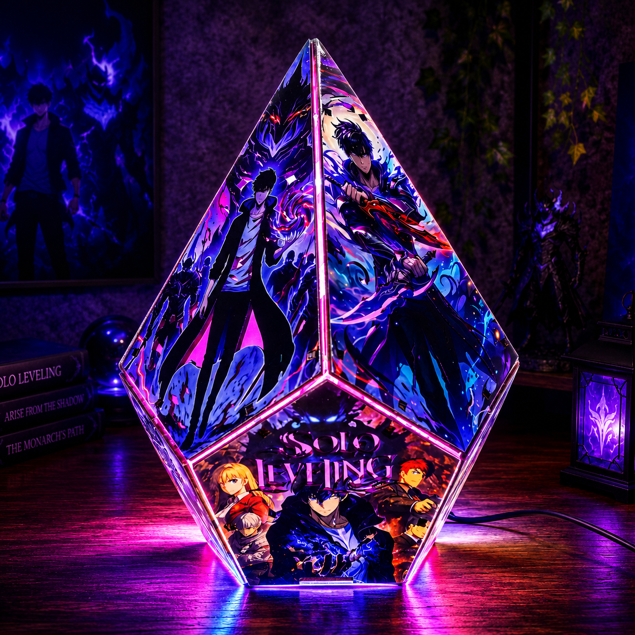A faceted acrylic LED lamp featuring colorful anime artwork from Soul Eater, glowing with pink and purple light on a wooden table.