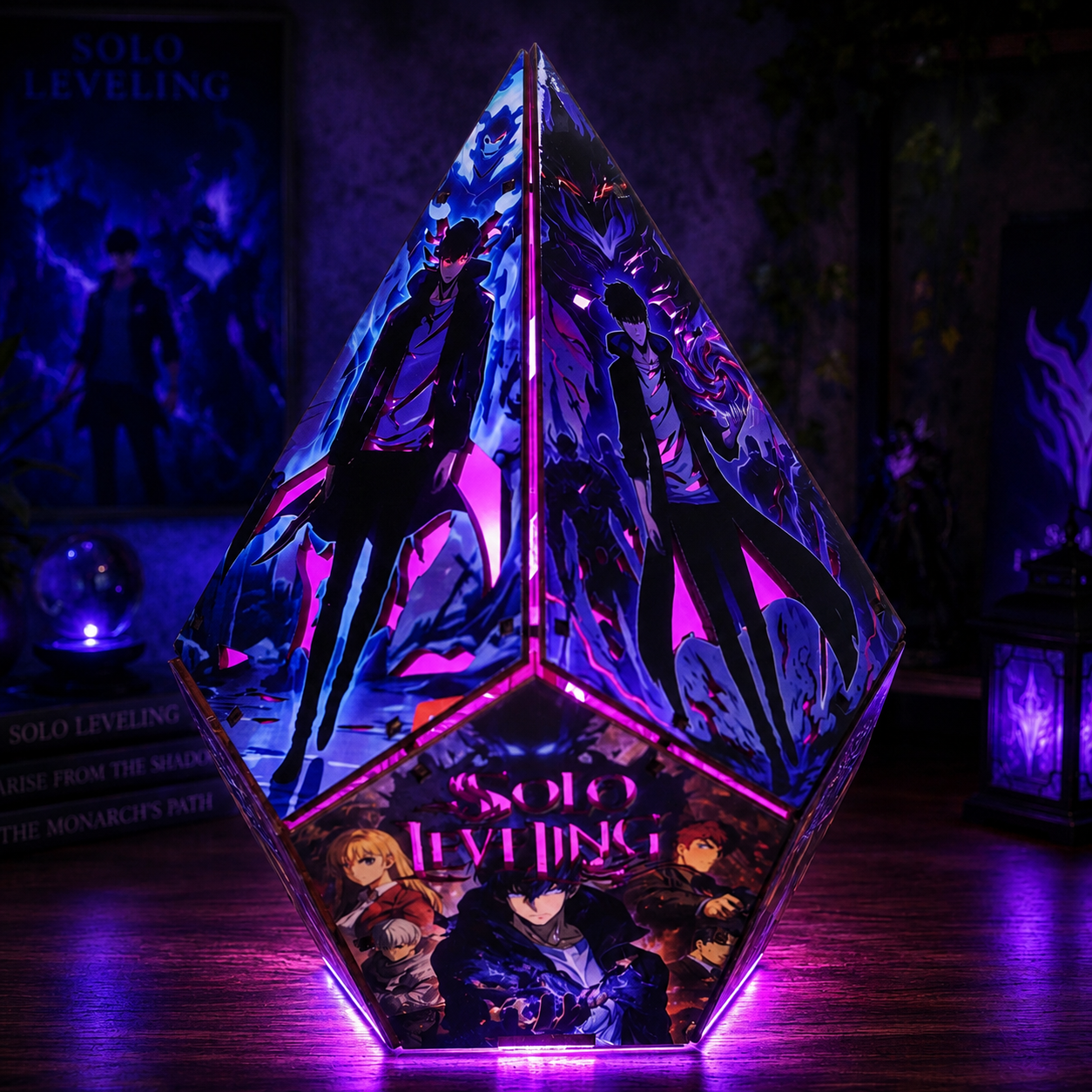 A faceted crystal-like lamp or decorative object featuring anime artwork from Solo Leveling, glowing with purple and pink light on a dark tabletop. The product is shown in a styled indoor setting with ambient lighting and background decor.