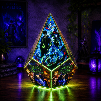 Sung Jinwoo Shadow Monarch wooden lamp glowing in blue and purple LED colors