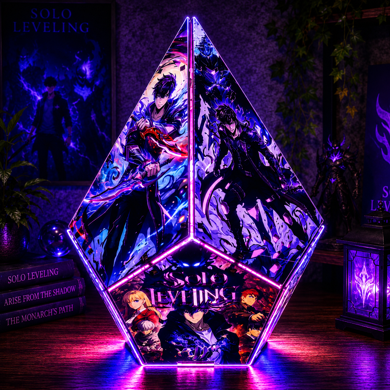 A large, faceted crystal or acrylic display stand illuminated with purple and pink LED lighting, featuring anime artwork from Solo Leveling. The stand is set on a wooden table in a themed room with matching Solo Leveling decor, including a poster and a small lantern in the background.