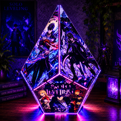 A large, faceted crystal or acrylic display stand illuminated with purple and pink LED lighting, featuring anime artwork from Solo Leveling. The stand is set on a wooden table in a themed room with matching Solo Leveling decor, including a poster and a small lantern in the background.