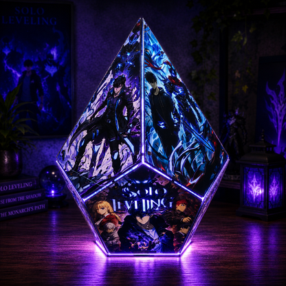A faceted geometric LED light sculpture featuring anime artwork from Solo Leveling, glowing with purple and blue light on a wooden table in a dimly lit room.