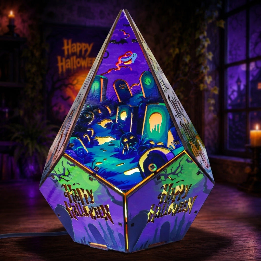 A geometric, pyramid-shaped Halloween lamp with a multicolor printed design featuring tombstones, bats, and the words 'Happy Halloween' on the sides, shown lit in a spooky room setting.